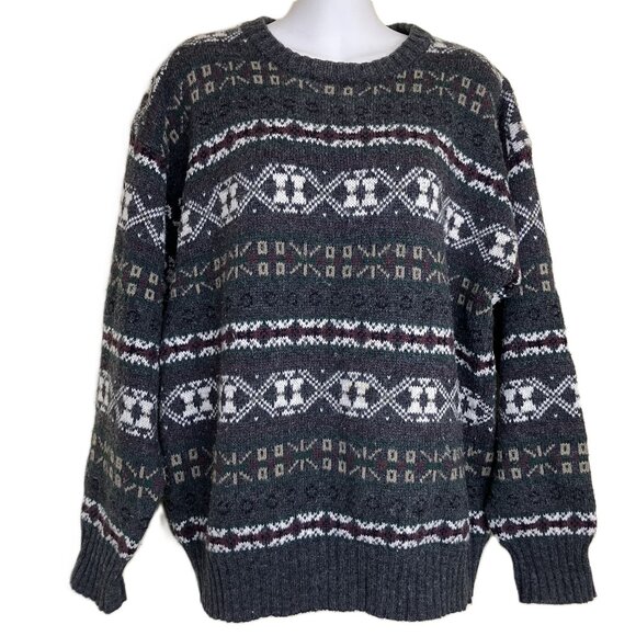 Cricketeer Fair Isle Pullover Sweater Grey Multi Acrylic Vintage 90s Oversized - Picture 1 of 7